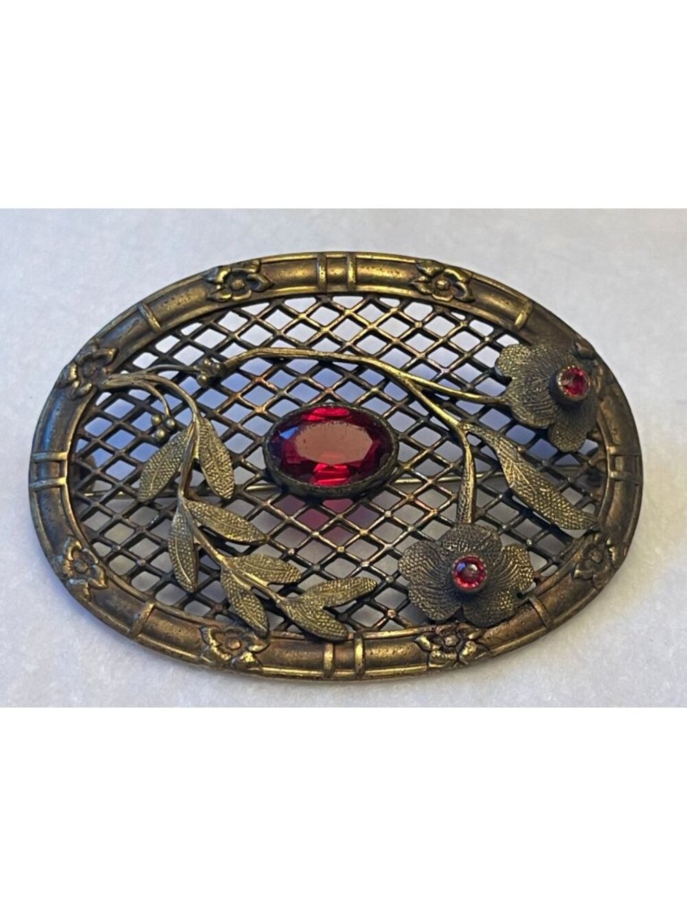 Antique Art Nouveau Brass Sash Brooch With Floral & Leaf Motif Ruby Red Glass St